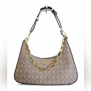 Nanette Lepore Monogram Shoulder Bag – Tan/Beige with Gold Chain Detail